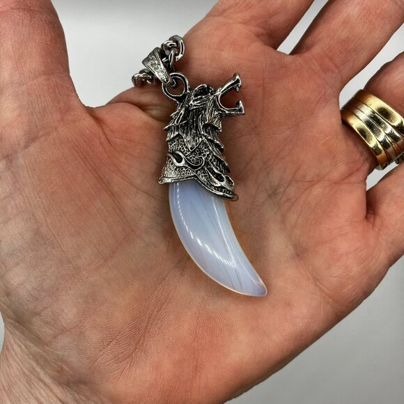 Opalite Gemstone Tusk with Men's Manly Chunky 20 inch Stainless Steel Chain NEW - Picture 12 of 12